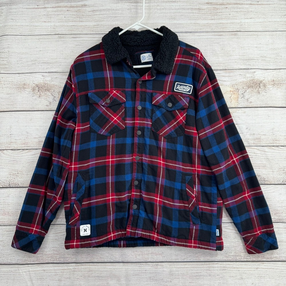 Hurley Flannel Shirt Jacket Mens M Blue Red Plaid Sherpa Lined HFA21SMJ-02880